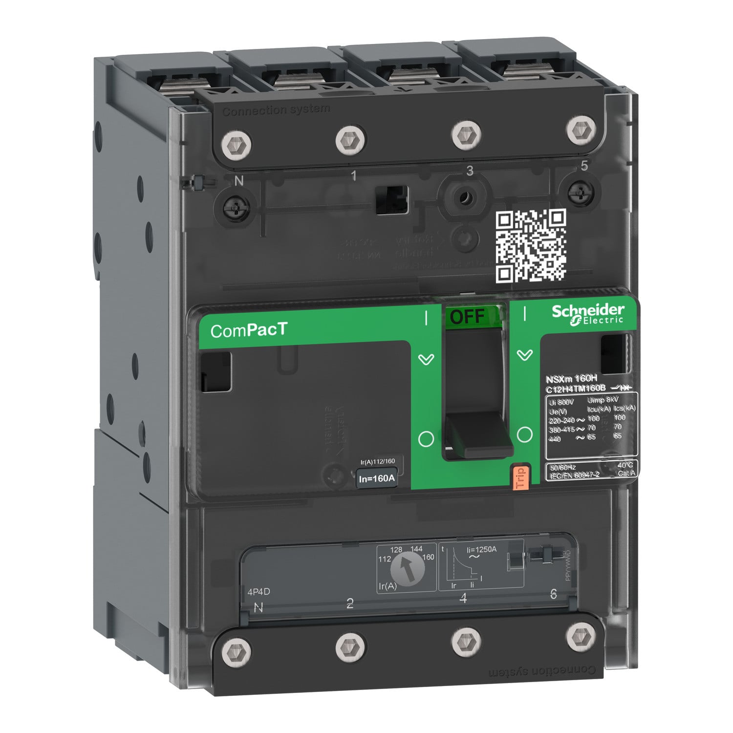 C12H4TM160B-ISO_1500-2.jpg Schneider C11N6TM032B | Circuit breaker, ComPacT NSXm 63N, 50kA/415VAC, 4 poles 3D (neutral not protected), TMD trip unit 32A, lugs/busbars - Image 1