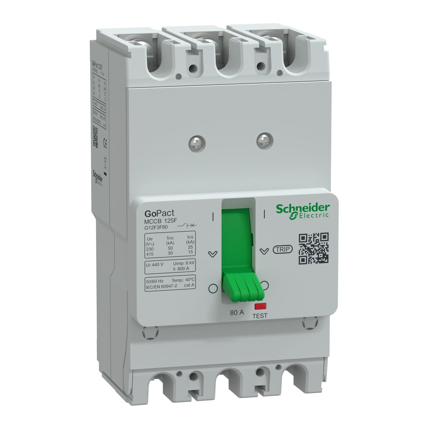 G12F3F80.jpg Schneider G12F3F80 | Circuit breaker, GoPact MCCB 125, 3 poles, 30kA at 415VAC, 80A rating, TMD trip unit, fixed thermal protection - Image 1
