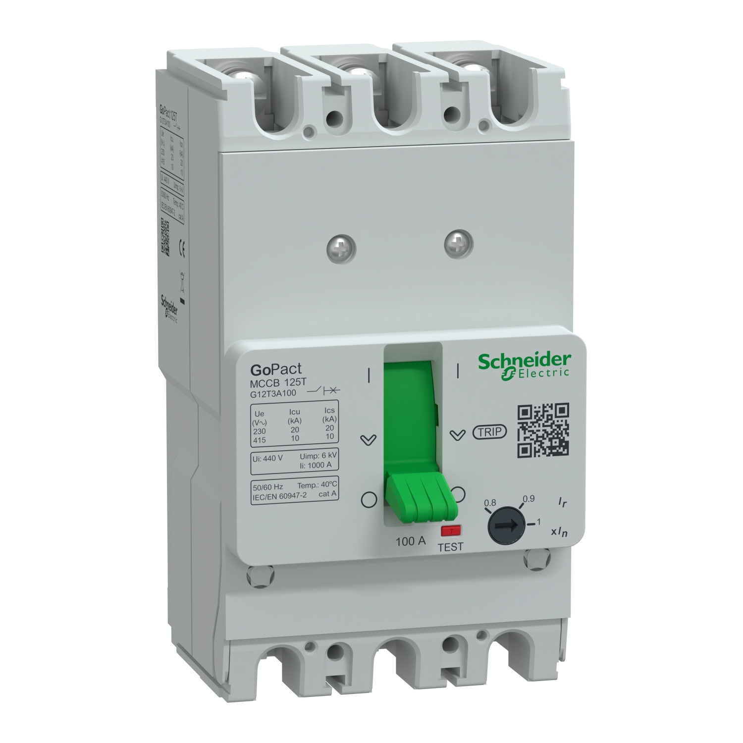 G12T3A100_Image_1500.jpg Schneider G12T3A100 | Circuit breaker, GoPact MCCB 125, 3 poles, 10kA at 415VAC, 100A rating, TMD trip unit, adjustable thermal protection - Image 1