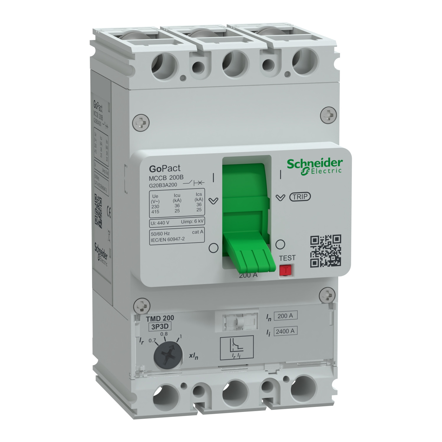G20B3A200.jpg Schneider G20B3A200 | Circuit breaker, GoPact MCCB 200, 3 poles, 25kA at 415VAC, 200A rating, TMD trip unit, adjustable thermal protection - Image 1
