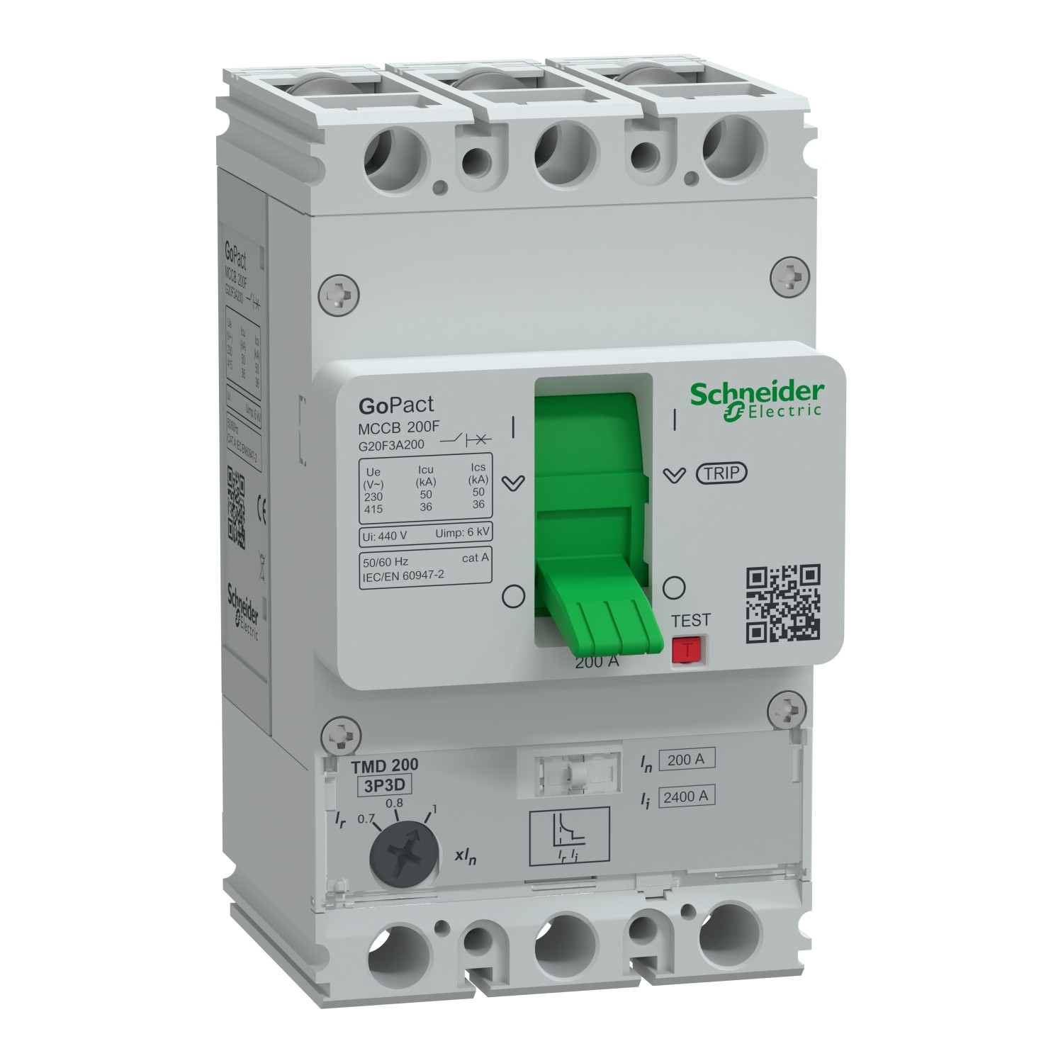 G20F3A200.jpg Schneider G20F3A200 | Circuit breaker, GoPact MCCB 200, 3 poles, 36kA at 415VAC, 200A rating, TMD trip unit, adjustable thermal protection - Image 1