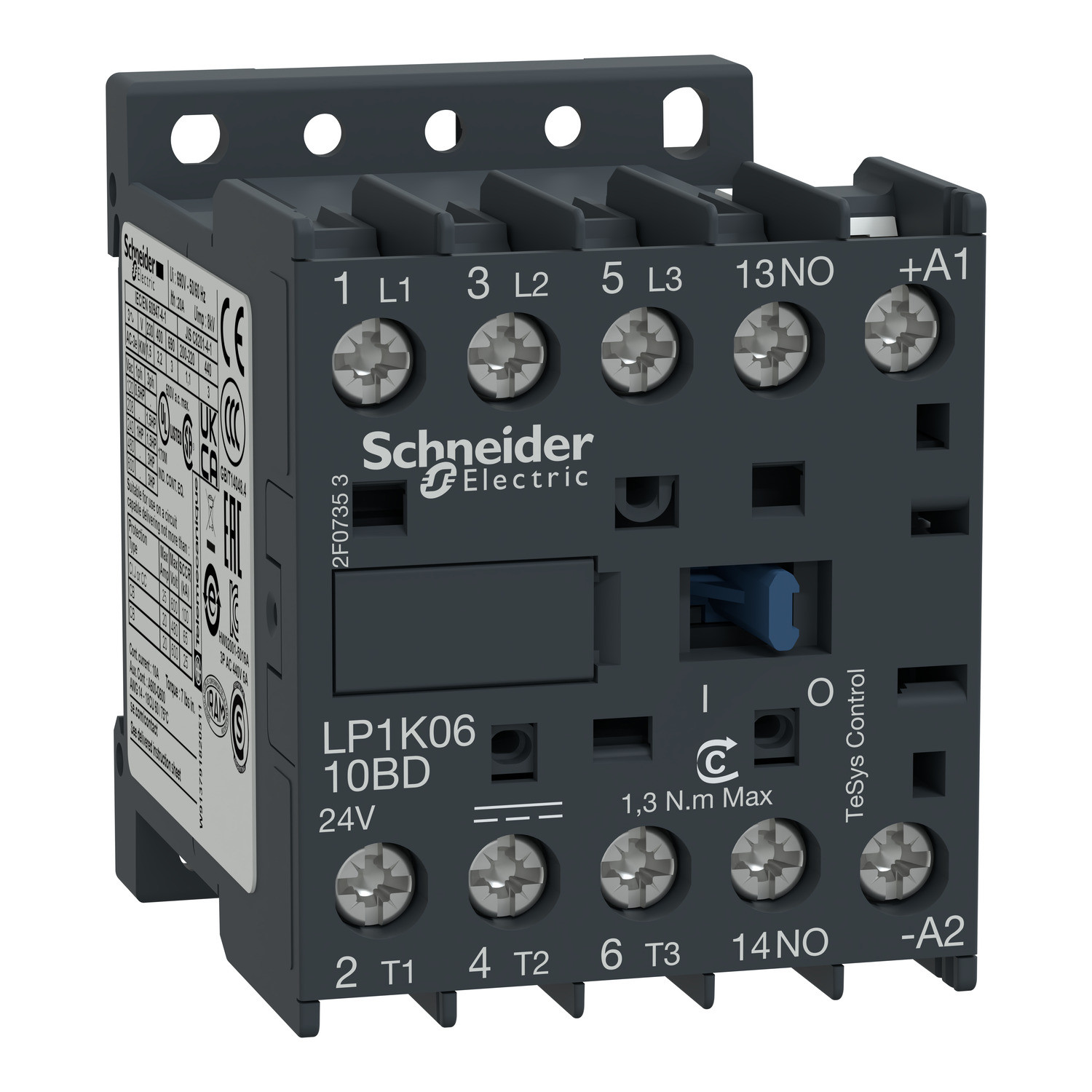 LP1K0610BD_Image_1500-2.jpg Schneider LP1K0910BD | TeSys K contactor - 3P - AC-3 <= 440 V 9 A - 1 NO aux. - 24 V DC coil - Image 1