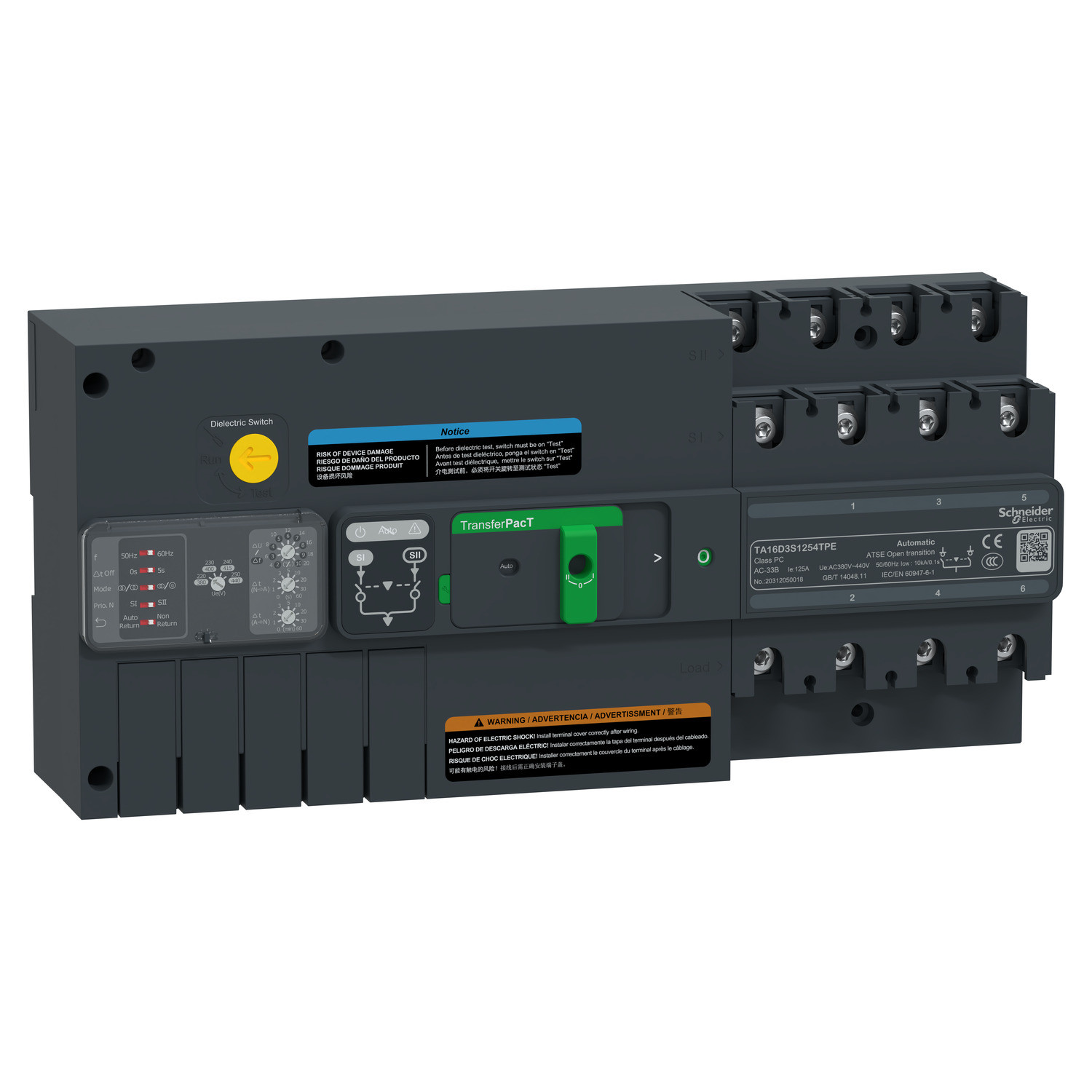 TA16D3S1254TPE_Image_1500-1.jpg Schneider TA16D3S1254TPE | automatic transfer switch, TransferPacT automatic, 125A, 3P, rotary, frame 160A - Image 1