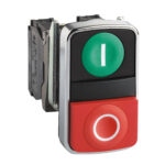 Schneider XB4BL73415 | Double-headed push button, metal, Ø22, 1 green flush marked I + 1 red projecting marked O, 1 NO + 1 NC